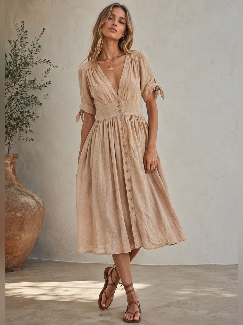 Free People Love of my Life Button Front V Neck Midi Dress Khaki Brown Large